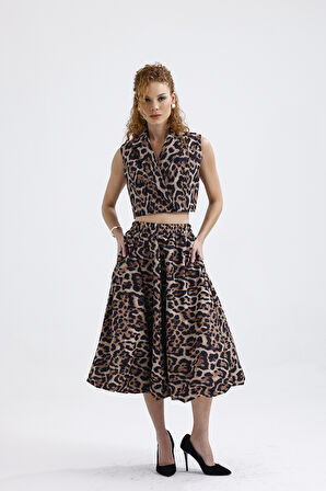 Astarlı Beli Lastikli Leopar Desenli Diz Altı Kloş Etek | ETK35937 Kahve Siyah Leopar