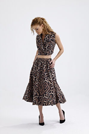 Astarlı Beli Lastikli Leopar Desenli Diz Altı Kloş Etek | ETK35937 Kahve Siyah Leopar