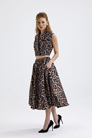 Astarlı Beli Lastikli Leopar Desenli Diz Altı Kloş Etek | ETK35937 Kahve Siyah Leopar