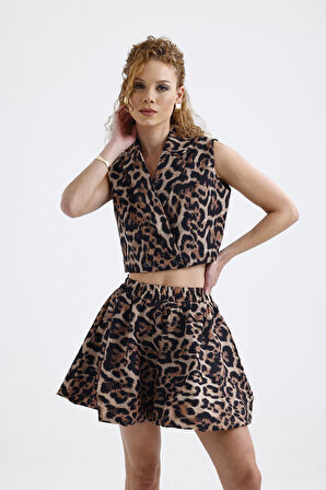 Leopar Desenli Astarlı  Mini Balon Etek | ETK35935 Kahve Siyah Leopar