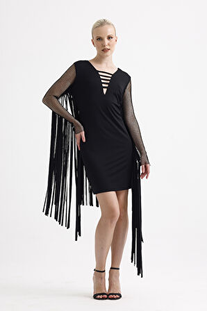 Ön Arka Lazer Kesim Kol Ve Arka Püsküllü Dalgıc Abiye Elbise | Elb31368 SİYAH PÜSKÜLLÜ