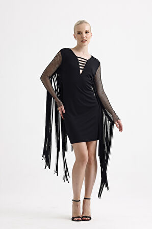 Ön Arka Lazer Kesim Kol Ve Arka Püsküllü Dalgıc Abiye Elbise | Elb31368 SİYAH PÜSKÜLLÜ