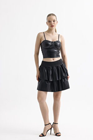 Suni Deri Gibeli Valonlu Kloş Mini Etek | ETK35846 Siyah