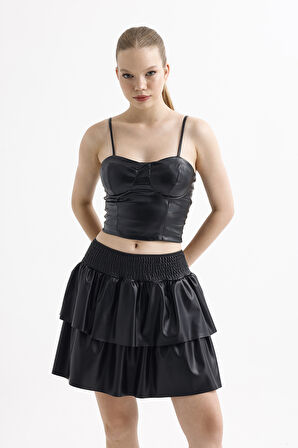 Suni Deri Gibeli Valonlu Kloş Mini Etek | ETK35846 Siyah