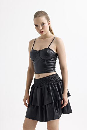 Suni Deri Gibeli Valonlu Kloş Mini Etek | ETK35846 Siyah