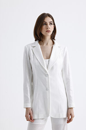 İci Astarlı Desenli Abiye Pul payet Ceket | CKT34264 Beyaz