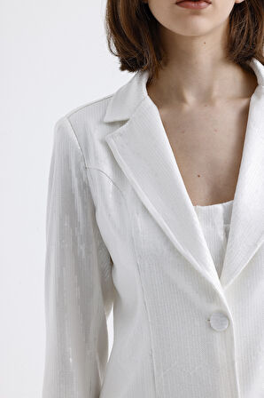 İci Astarlı Desenli Abiye Pul payet Ceket | CKT34264 Beyaz