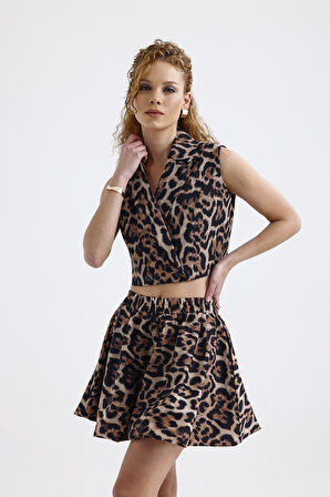 Leopar Desenli Astarlı Moss Krep Kolsuz Crop Ceket | YLK35955 Leopar Desenli