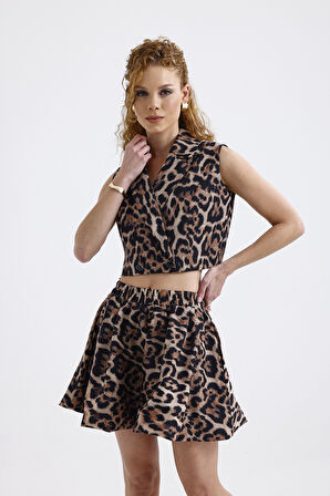Leopar Desenli Astarlı Moss Krep Kolsuz Crop Ceket | YLK35955 Leopar Desenli
