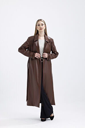 Astarlı Beli Kuşaklı  Apoletli  Suni Deri Trençkot Pardüsü ÇİKOLATA