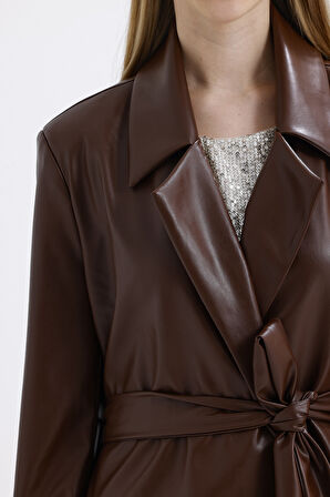 Astarlı Beli Kuşaklı  Apoletli  Suni Deri Trençkot Pardüsü ÇİKOLATA