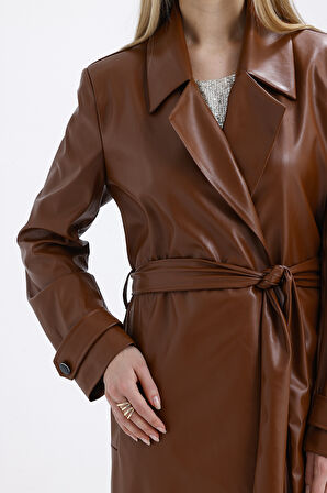 Astarlı Beli Kuşaklı  Apoletli  Suni Deri Trençkot Pardüsü Taba