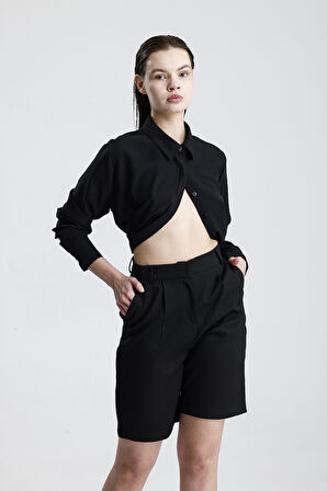 Metal Fermuarlı Bermuda Şort | ŞRT35934 Siyah