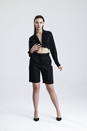 Metal Fermuarlı Bermuda Şort | ŞRT35934 Siyah