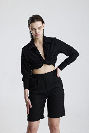 Metal Fermuarlı Bermuda Şort | ŞRT35934 Siyah