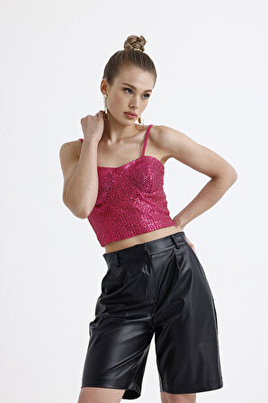 Sense Gloplu Arkası Fermuarlı Payet Bustiyer BST33154 Fuşya