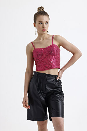 Sense Gloplu Arkası Fermuarlı Payet Bustiyer BST33154 Fuşya