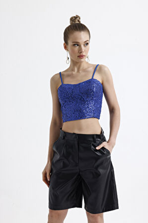 Sense Gloplu Arkası Fermuarlı Payet Bustiyer BST33154 Saks