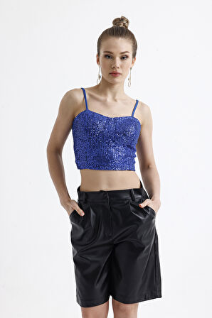 Sense Gloplu Arkası Fermuarlı Payet Bustiyer BST33154 Saks