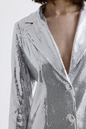 İci Astarlı Desenli Abiye Pul payet Ceket | CKT34264 Gumus