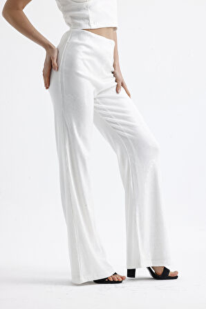 Sense Geniş Paçalı Payet Pantolon | Pnt32440 Beyaz