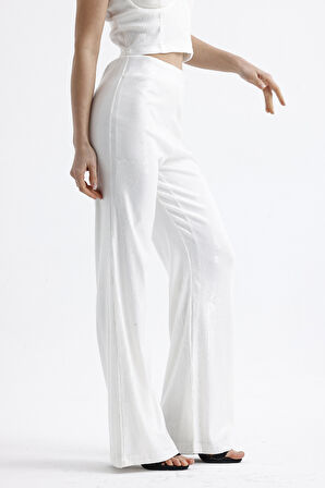 Sense Geniş Paçalı Payet Pantolon | Pnt32440 Beyaz