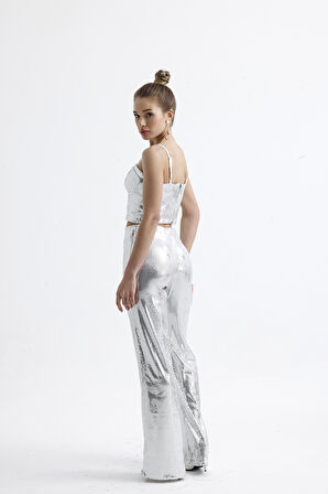 Sense Geniş Paçalı Payet Pantolon | Pnt32440 Gumus