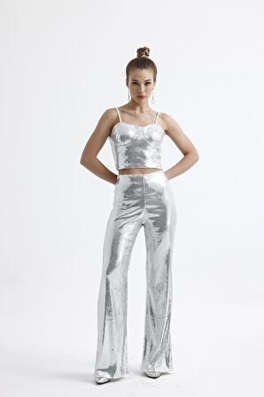 Sense Geniş Paçalı Payet Pantolon | Pnt32440 Gumus