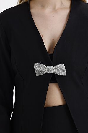 Taşlı Fiyok Detaylı Abiye Etek Ve Astarlı Ceket Takım | Ecktk36066 Siyah