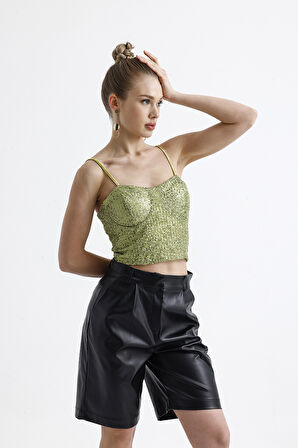 Sense Gloplu Arkası Fermuarlı Payet Bustiyer BST33154 Fıstık Yeşili