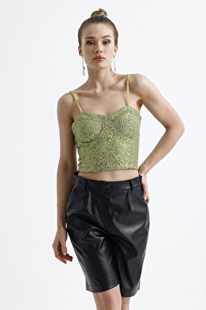 Sense Gloplu Arkası Fermuarlı Payet Bustiyer BST33154 Fıstık Yeşili