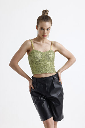 Sense Gloplu Arkası Fermuarlı Payet Bustiyer BST33154 Fıstık Yeşili