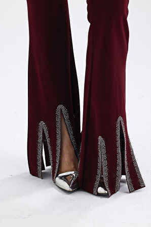 Kemerli Taş Detaylı Abiye Pantolon | Pnt35061 Bordo