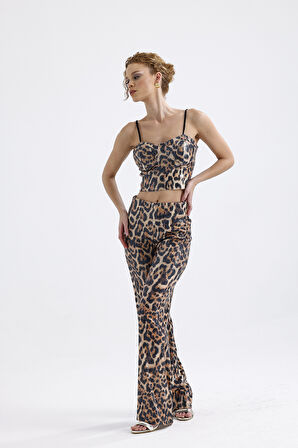 Sense Geniş Paçalı Payet Pantolon | Pnt32440 Büyük Kızıl Leopar