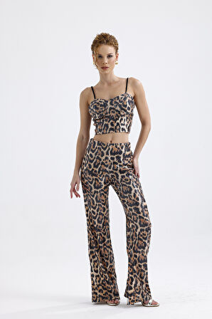 Sense Geniş Paçalı Payet Pantolon | Pnt32440 Büyük Kızıl Leopar