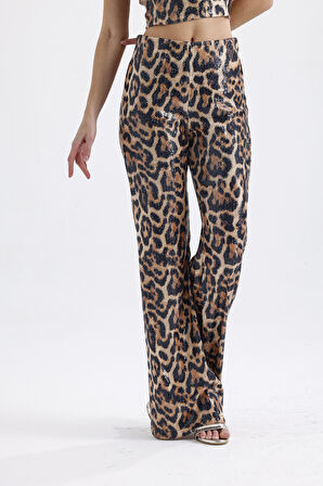 Sense Geniş Paçalı Payet Pantolon | Pnt32440 Büyük Kızıl Leopar