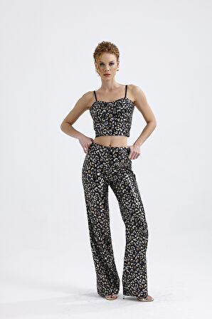 Sense Geniş Paçalı Payet Pantolon | Pnt32440 Siyah Gold Leopar