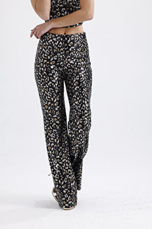 Sense Geniş Paçalı Payet Pantolon | Pnt32440 Siyah Gold Leopar