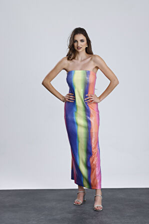 Astarlı Straplez Abiye Pul Payet Elbise |  ELB34886 Gökkuşağı