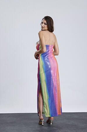 Astarlı Straplez Abiye Pul Payet Elbise |  ELB34886 Gökkuşağı