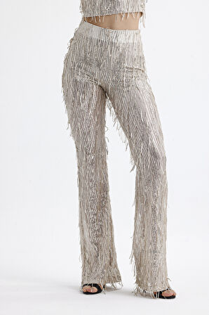 Astarlı Esnek Bel Pul Payet Abiye Pantolon | PNT36031 Bej