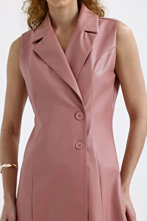 Suni Deri Astarlı Kruvaze Ceket Elbise ELB35943 Pudra