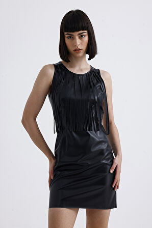 Metal fermuralı Püslkül detaylı Suni Deri Mini Elbise | ELB35960 Siyah