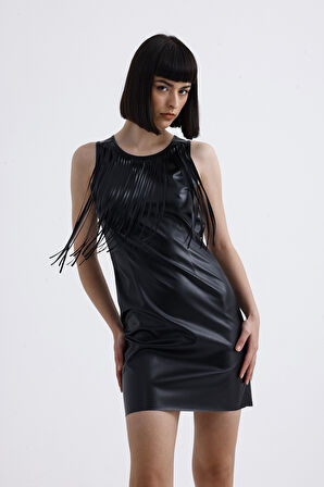 Metal fermuralı Püslkül detaylı Suni Deri Mini Elbise | ELB35960 Siyah