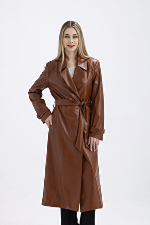 Astarlı Beli Kuşaklı  Apoletli  Suni Deri Trençkot Pardüsü Taba