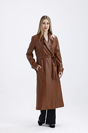 Astarlı Beli Kuşaklı  Apoletli  Suni Deri Trençkot Pardüsü Taba