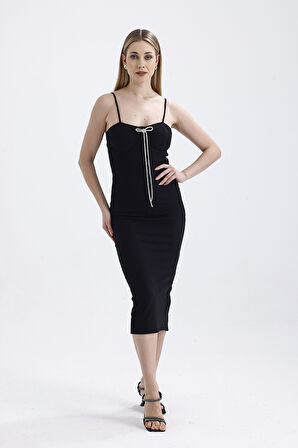 Broş Detaylı  Gizli Fermuarli Gloplu Askili Ottoman Elbise | Elb35442TS Siyah