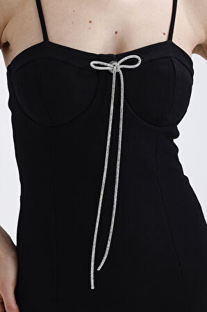 Broş Detaylı  Gizli Fermuarli Gloplu Askili Ottoman Elbise | Elb35442TS Siyah