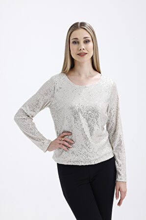 İçi Astarlı Pul Payet Abiye Bluz | Blz35497 Bej