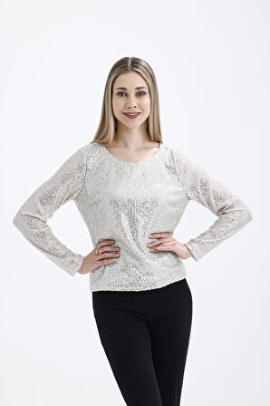 İçi Astarlı Pul Payet Abiye Bluz | Blz35497 Bej
